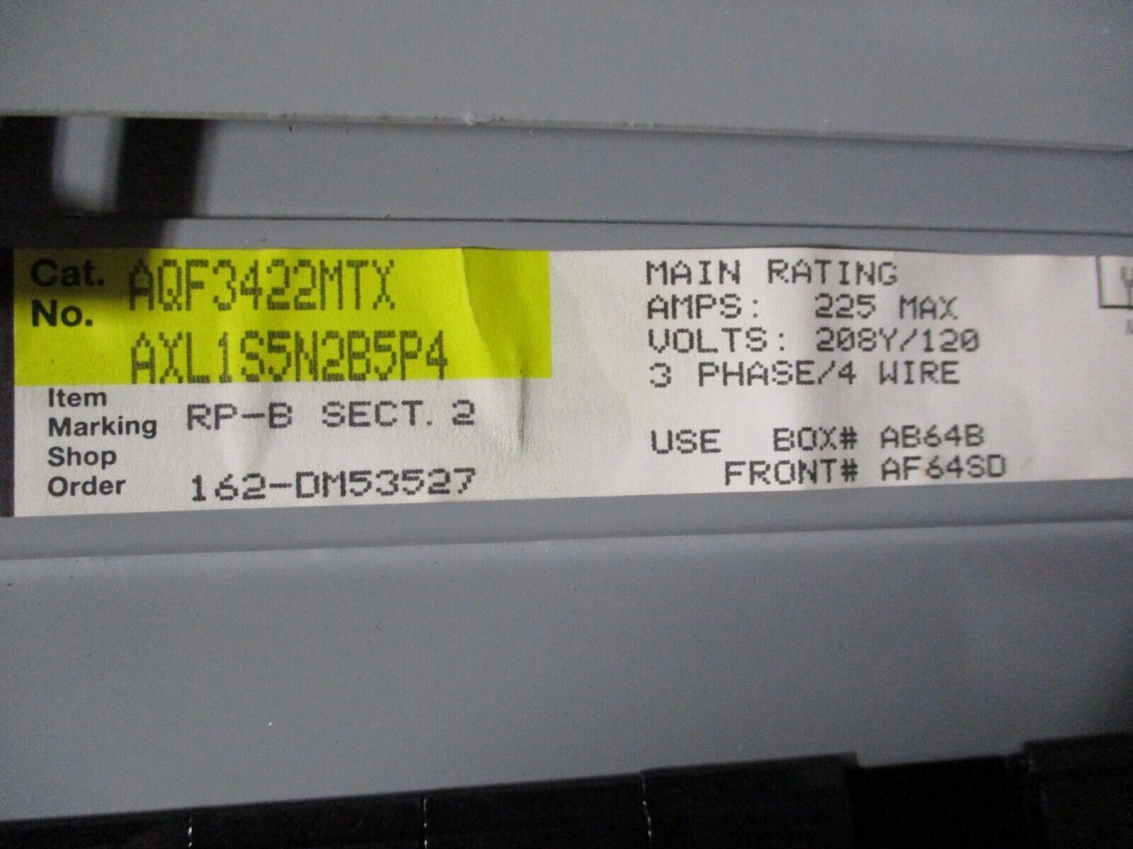 GE Main Lug Breaker Panel AQF3422MTX 225A Max 208/120V 3Ph 4W 42-Slot Used