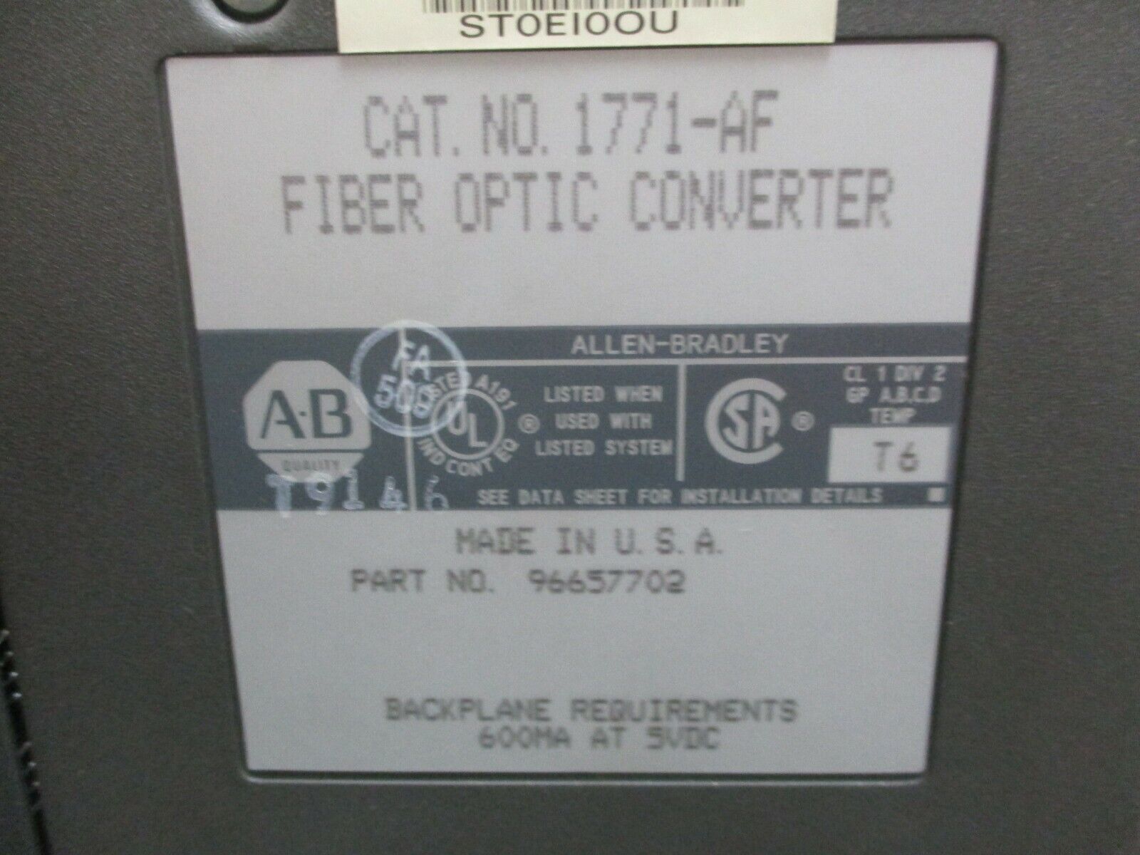 Allen-Bradley Fiber Optic Converter 1771-AF *No Terminal Strip* Used