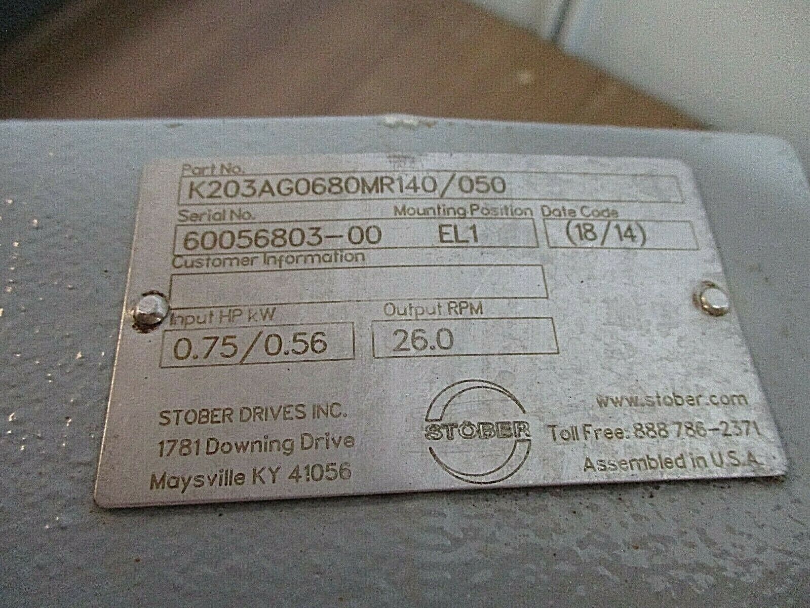 Stober Gear Reducer K203AG0680MR140/050 0.75HP In 26RPM Out Used