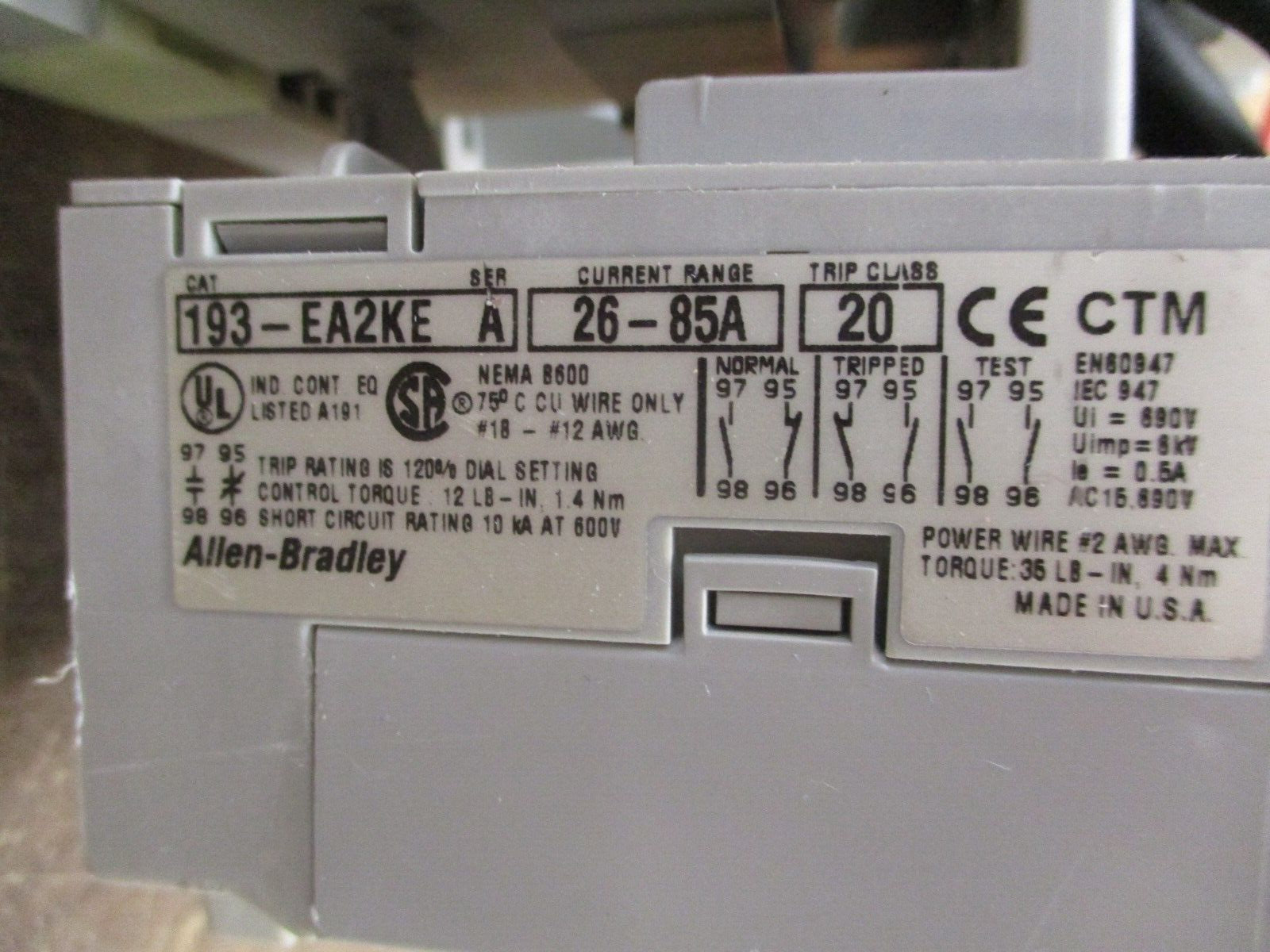 Allen-Bradley Reversing Starter 100-C72*00 / 193-EA2KE 120V Coil Trip: 26-85A