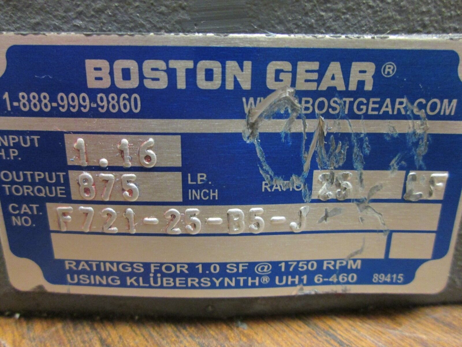 Boston Gear Reducer F721-25-B5-J Ratio 25:1 1.16 HP IN 875 LB-IN Torque Out