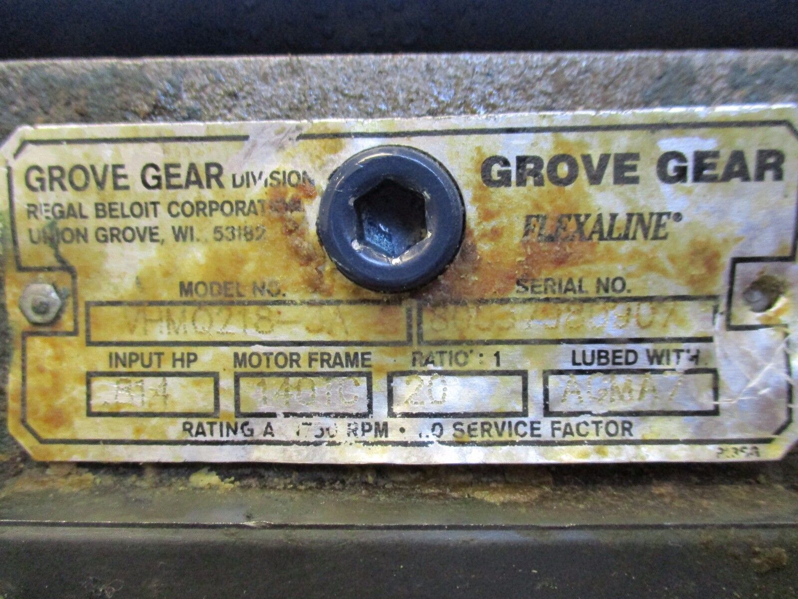 Grove Gear Flexaline Reducer VHMQ218-3A 0.814HP In Ratio 20:1 Used