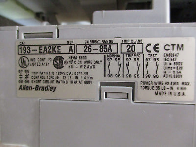 Allen-Bradley Reversing Starter 100-C72*00 / 193-EA2KE 120V Coil Trip: 26-85A