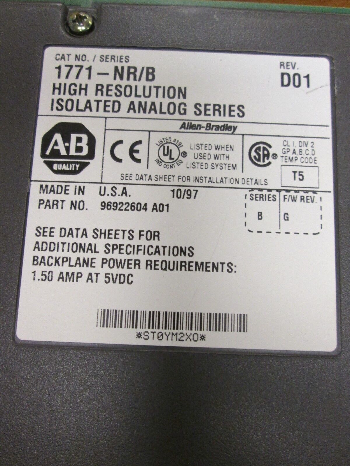 Allen-Bradley High Resolution Isolated Analog Series 1771-NR/B Rev D01 Series B