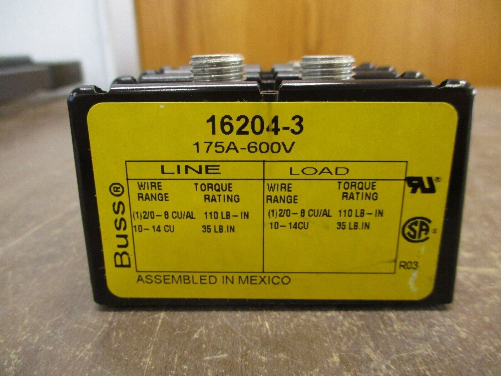 Buss Power Distribution Block 16204-3 175A 600V 3P Line (1): 2/0-8, 10-14 Used