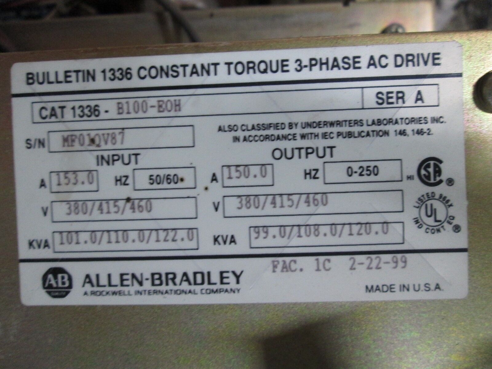 Allen-Bradley 1336 AC Drive 1336-B100-EOH 100HP 3Ph Out: 380/415/460V 150A Used