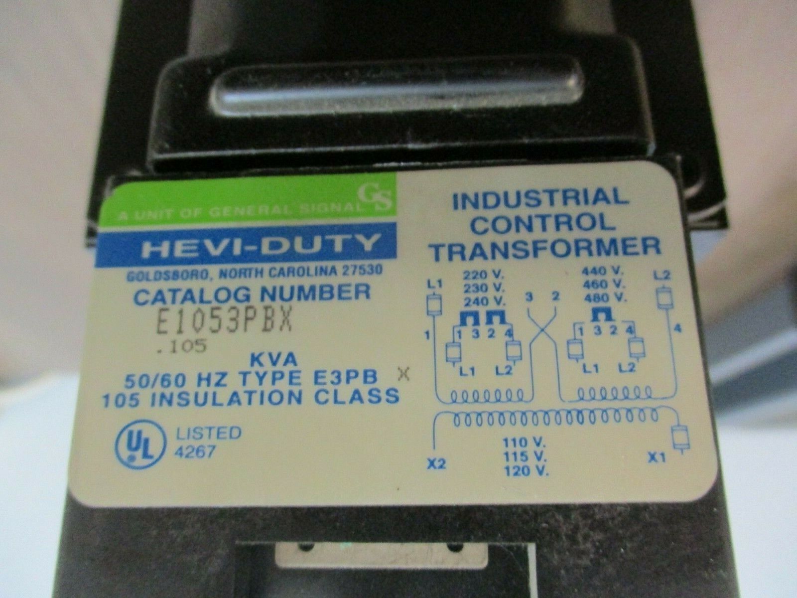 Hevi-Duty Control Transformer E1053PBX 0.105kVA Pri: 240/480V Sec: 120V 50/60Hz