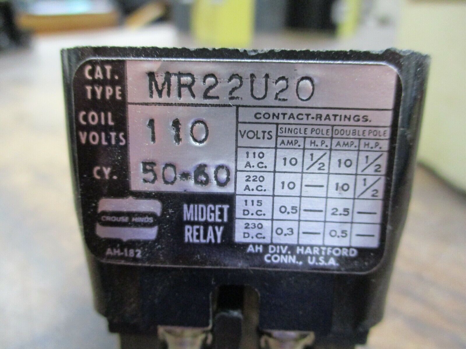 Arrow Hart Type MR Magnetic Relay MR-22-U 20 110V Coil 4P New Surplus