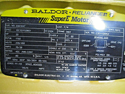 Baldor Motor EM4104T 30HP 1800RPM 230/460V 76/38A 3Ph 60Hz New Surplus