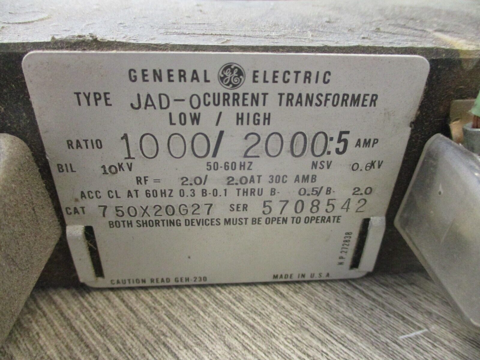 GE, Type JAD-0 Current Transformer 750X20G27 1000/2000:5A 10KV BIL 50-60Hz Used