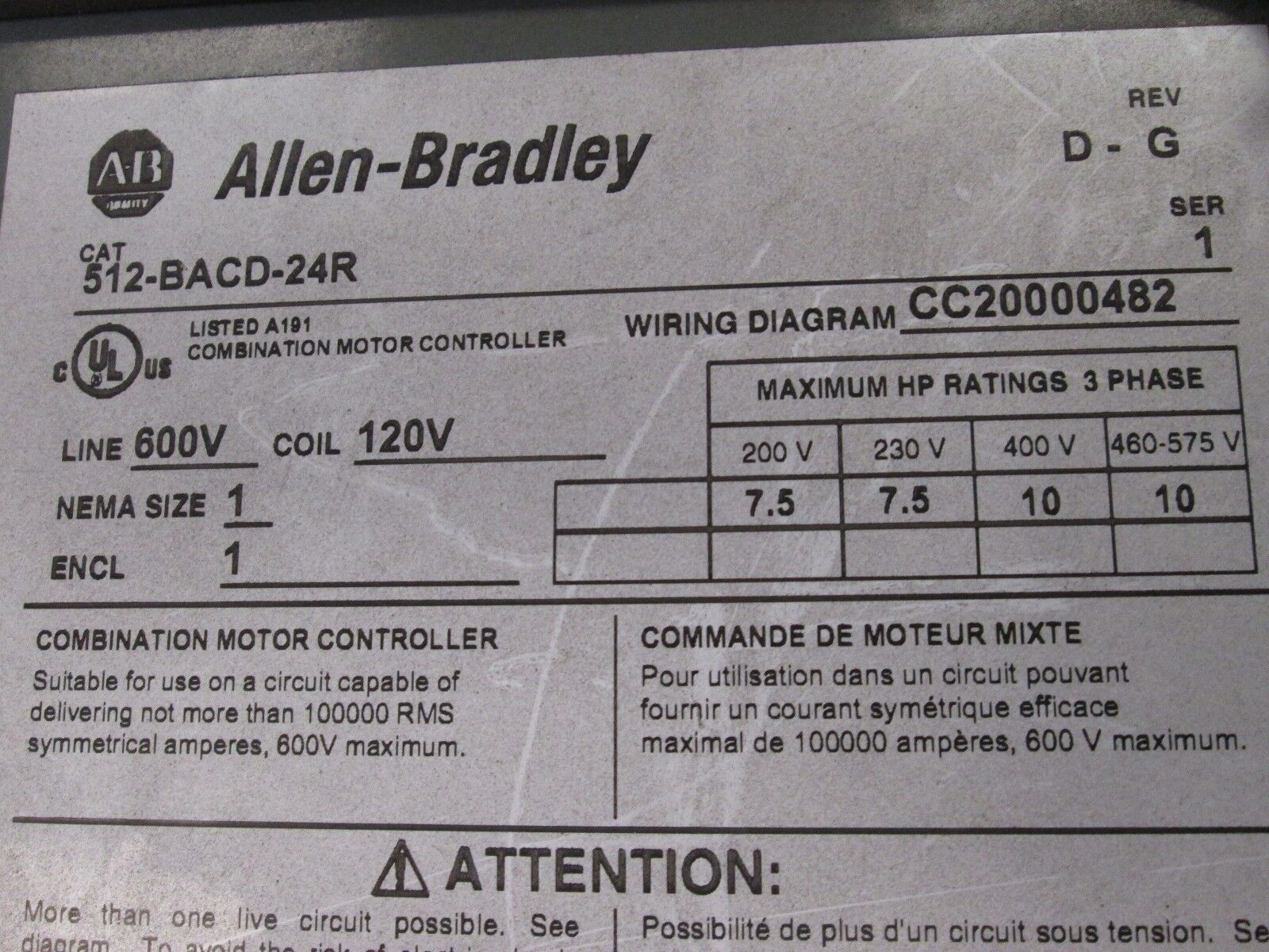 Allen-Bradley Fusible Combination 512-BACD-24R Size 1 120V Coil 600V Nema 1 Used