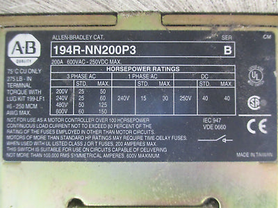 Allen-Bradley Fusible Disconnect Switch 194R-NN200P3 Ser. B 200A 600V 3P Used