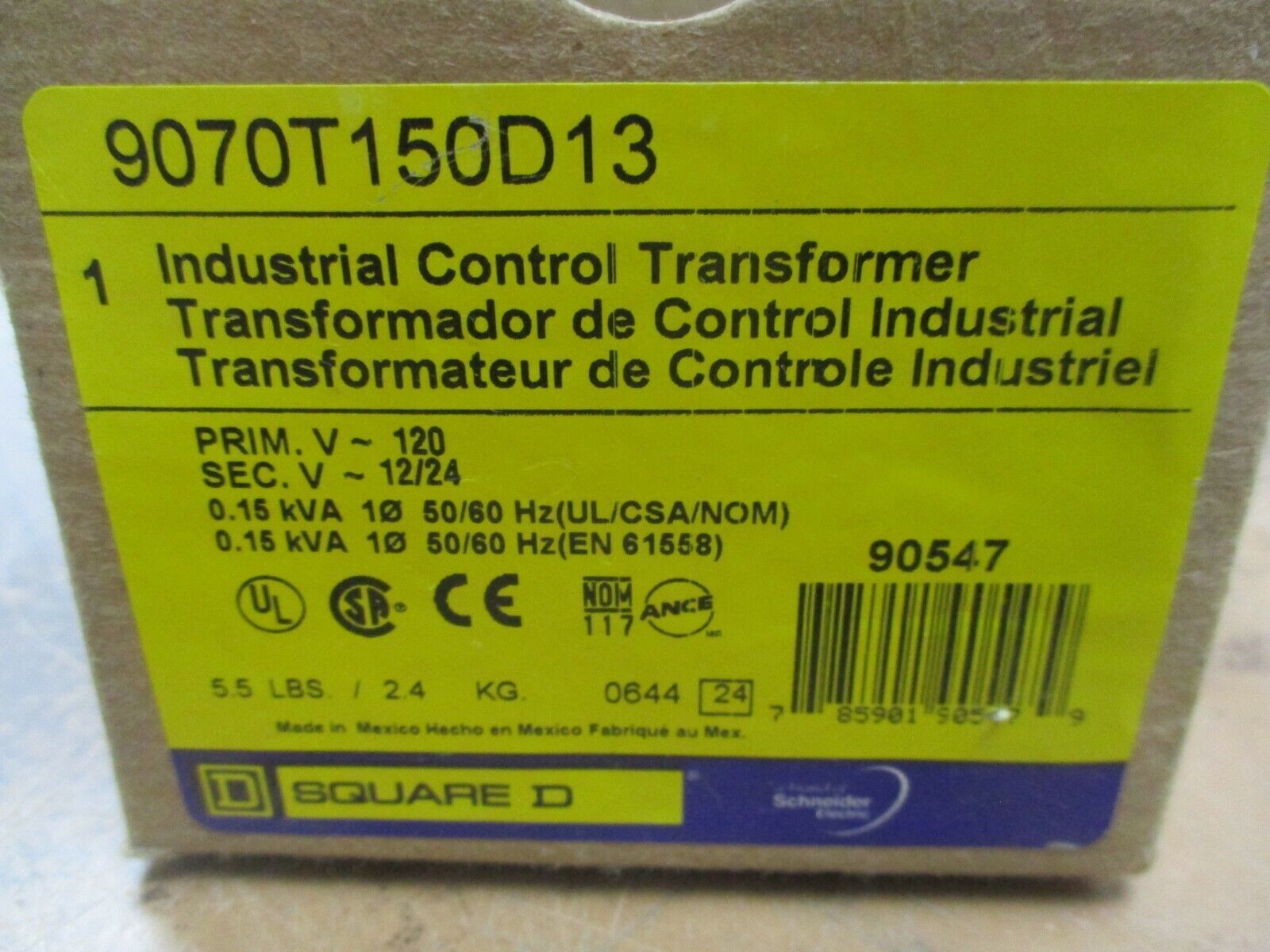 Square D Control Transformer 9070T150D13 0.15KVA Pri:120V Sec:12/24V 1Ph 50/60Hz