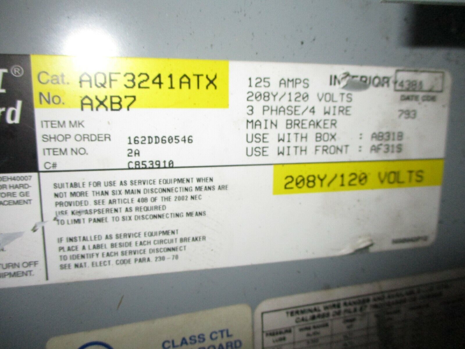 GE Main Breaker Circuit Breaker Panel AQF3241ATX 100A Main 208Y/120V 3Ph 4W Used