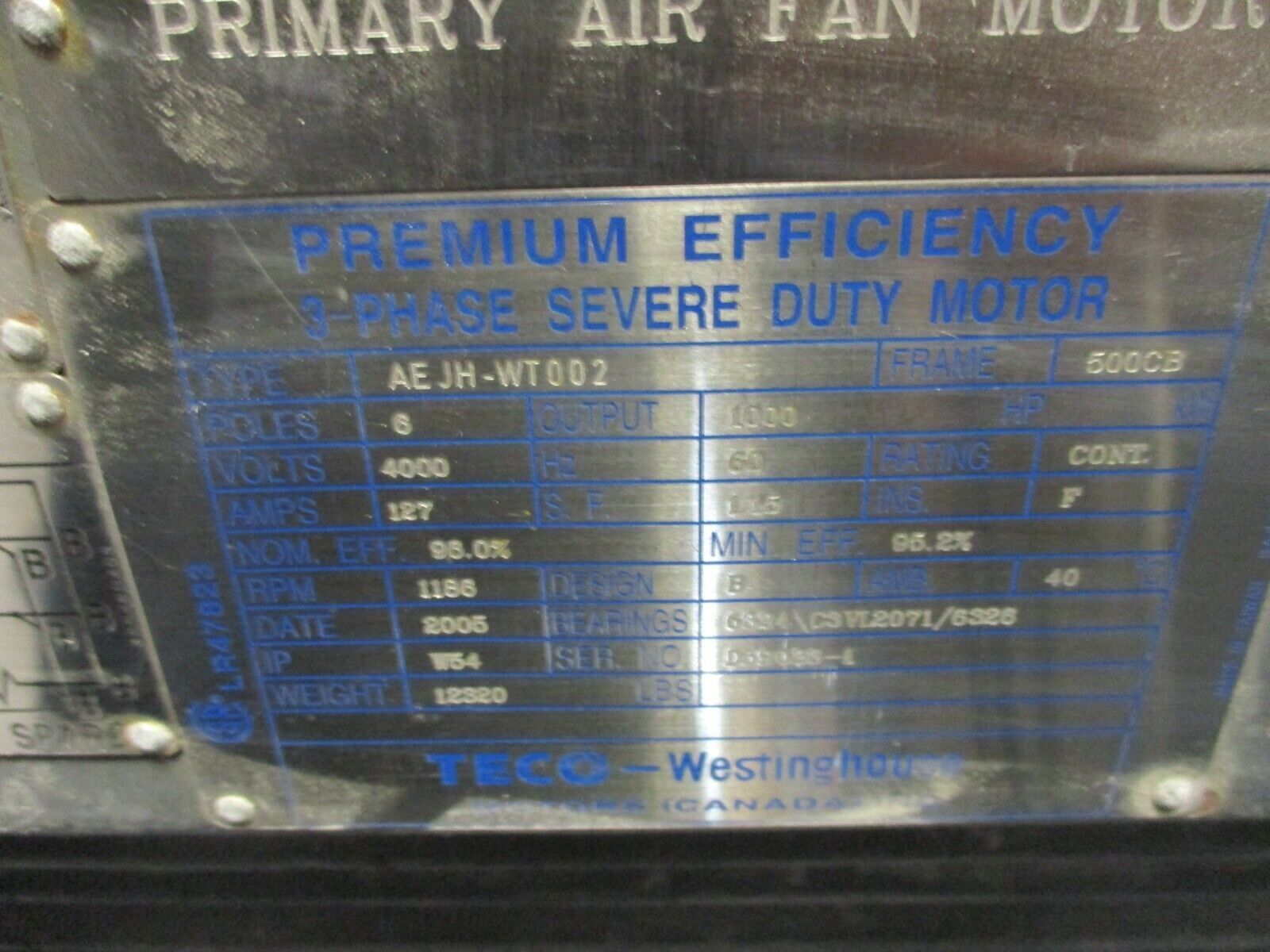 TECO-Westinghouse AC Motor AEJH-WT002 1000HP 1200RPM FR: 500CB 4000V 127A Used