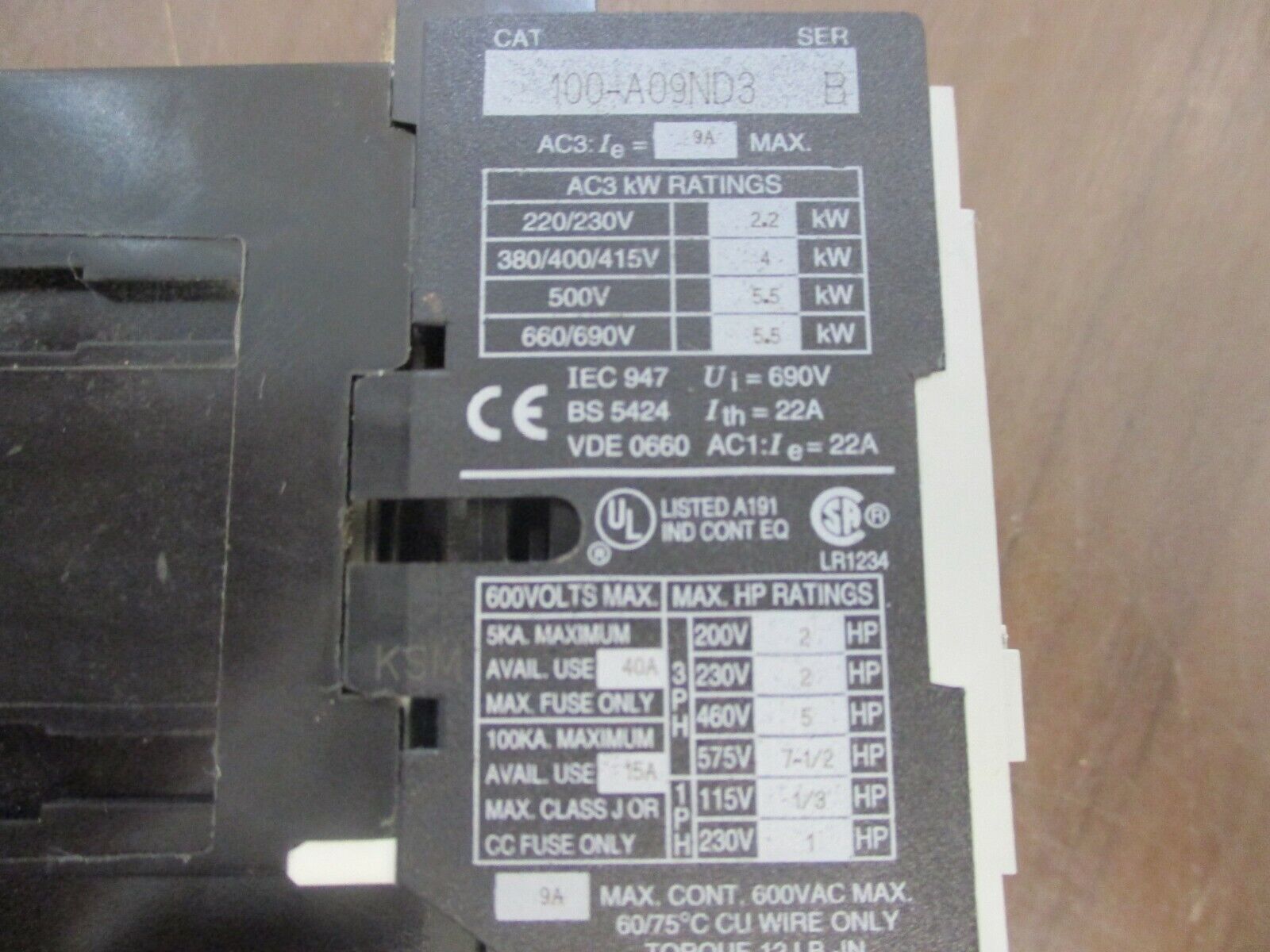 Allen-Bradley Starter 100-A09ND3/193-A1D1 120V Coil Trip: 1-2.9A 600V Used