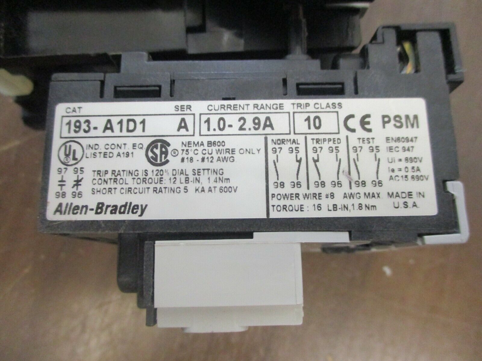 Allen-Bradley Starter 100-A09ND3/193-A1D1 120V Coil Trip: 1-2.9A 600V Used