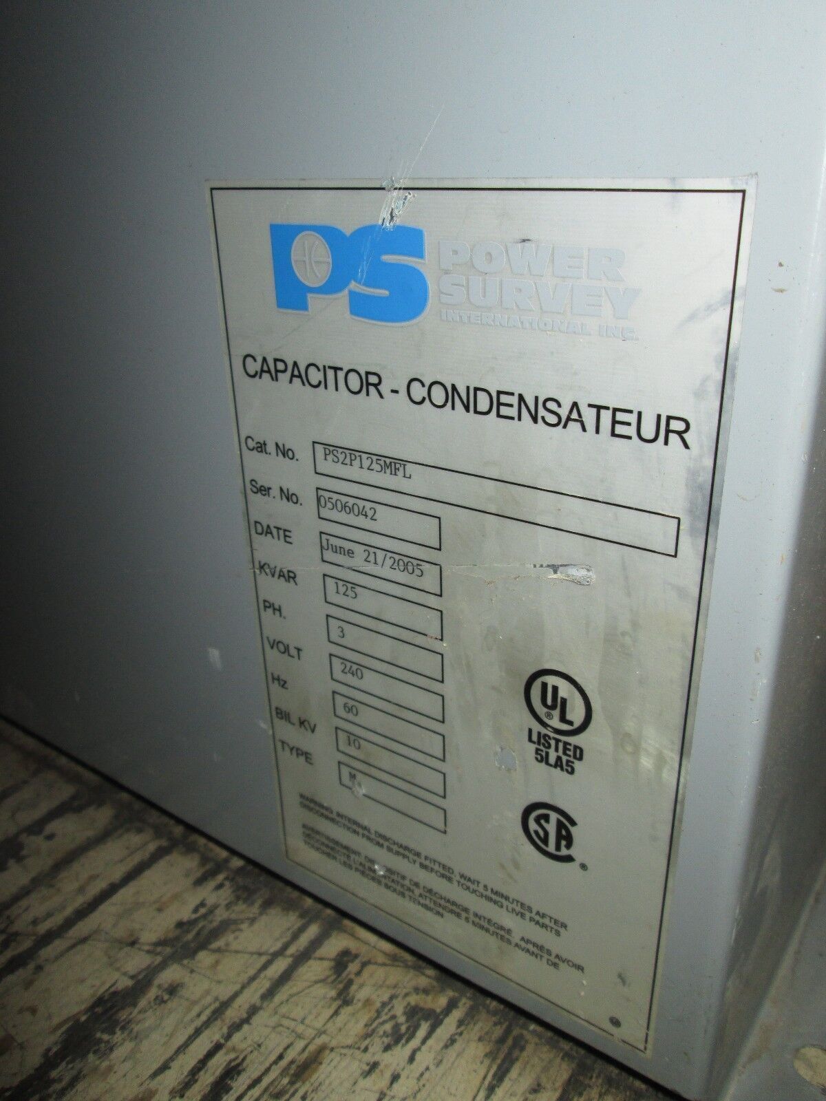 Power Survey Capacitor PS2P125MFL 125KVAR 240V Type M 3Ph Used