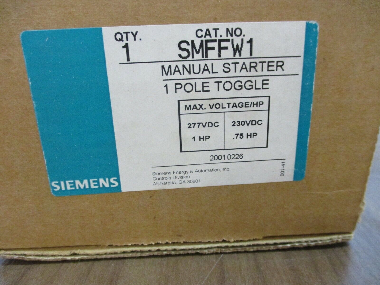 Siemens, Manual Starter, Part#: SMFFW1 230/277VDC 0.75/1HP New Surplus
