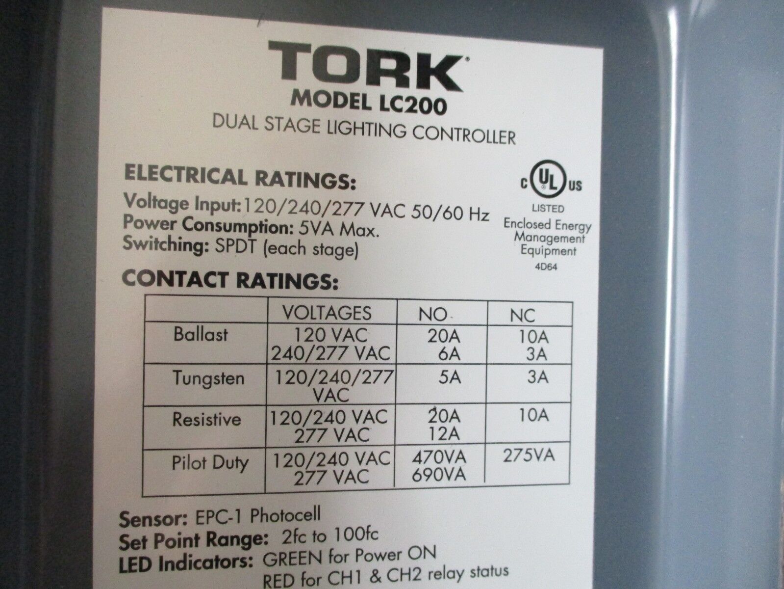 Tork Dual Stage Lighting Controller LC200 120/240/277V 50/60Hz 5VA Used