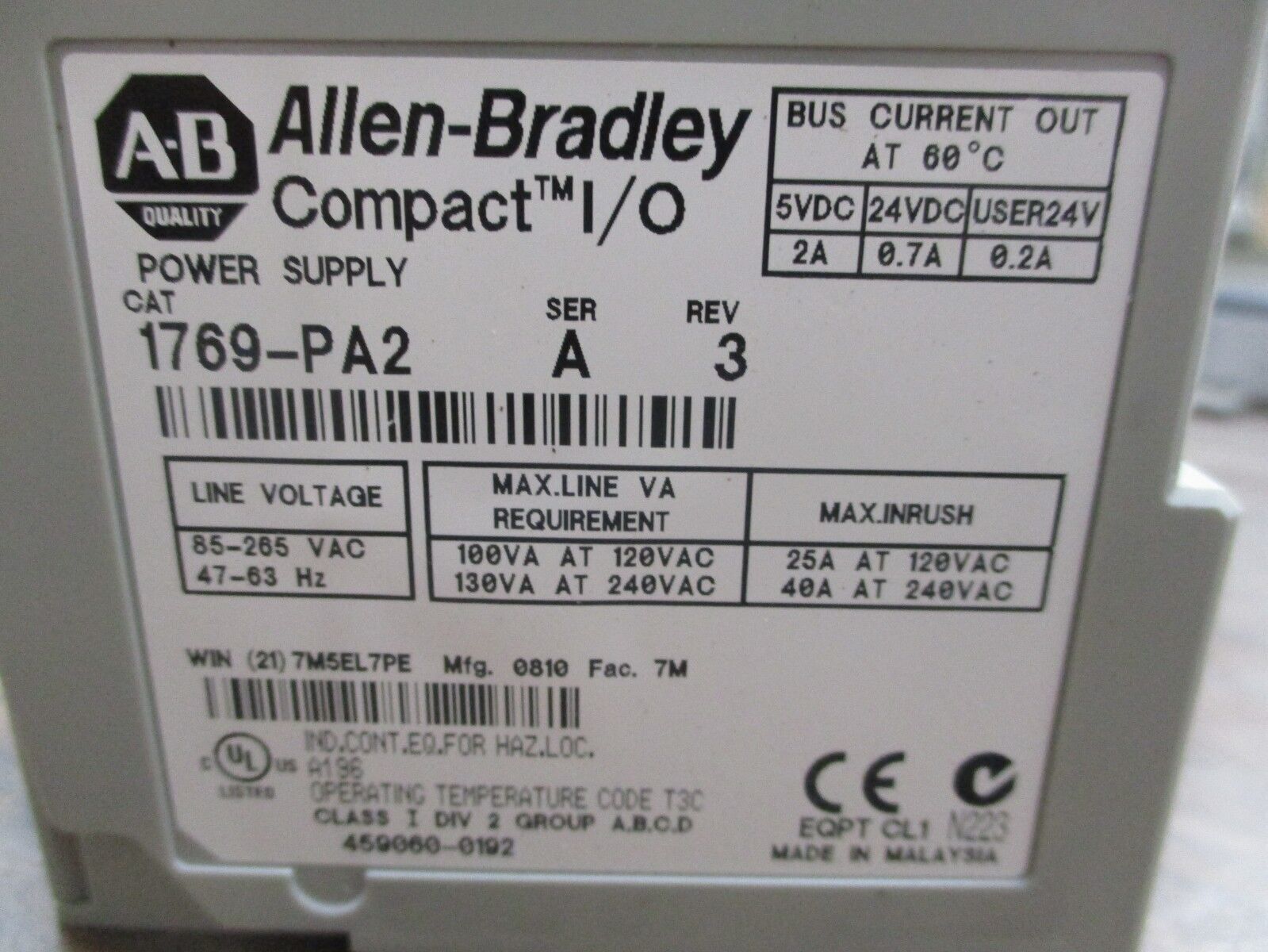 Allen-Bradley Compact I/O Power Supply 1769-PA2 Ser. A Rev. 3 Used