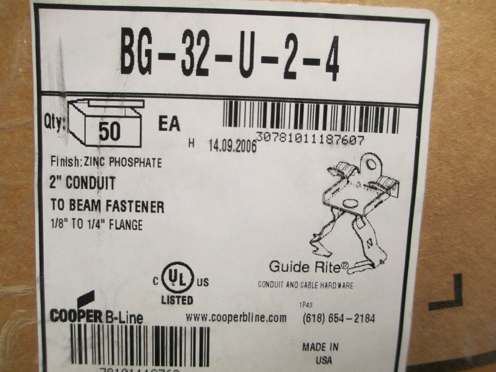 Cooper Conduit to Beam Fastener BG-32-U-2-4, Aprox 50, New Surplus!
