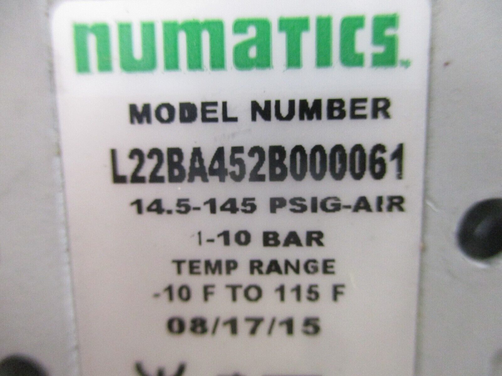 Numatics Solenoid Pilot Valve L22BA452B000061 14.5-145 PSIG Air -10-115F Used