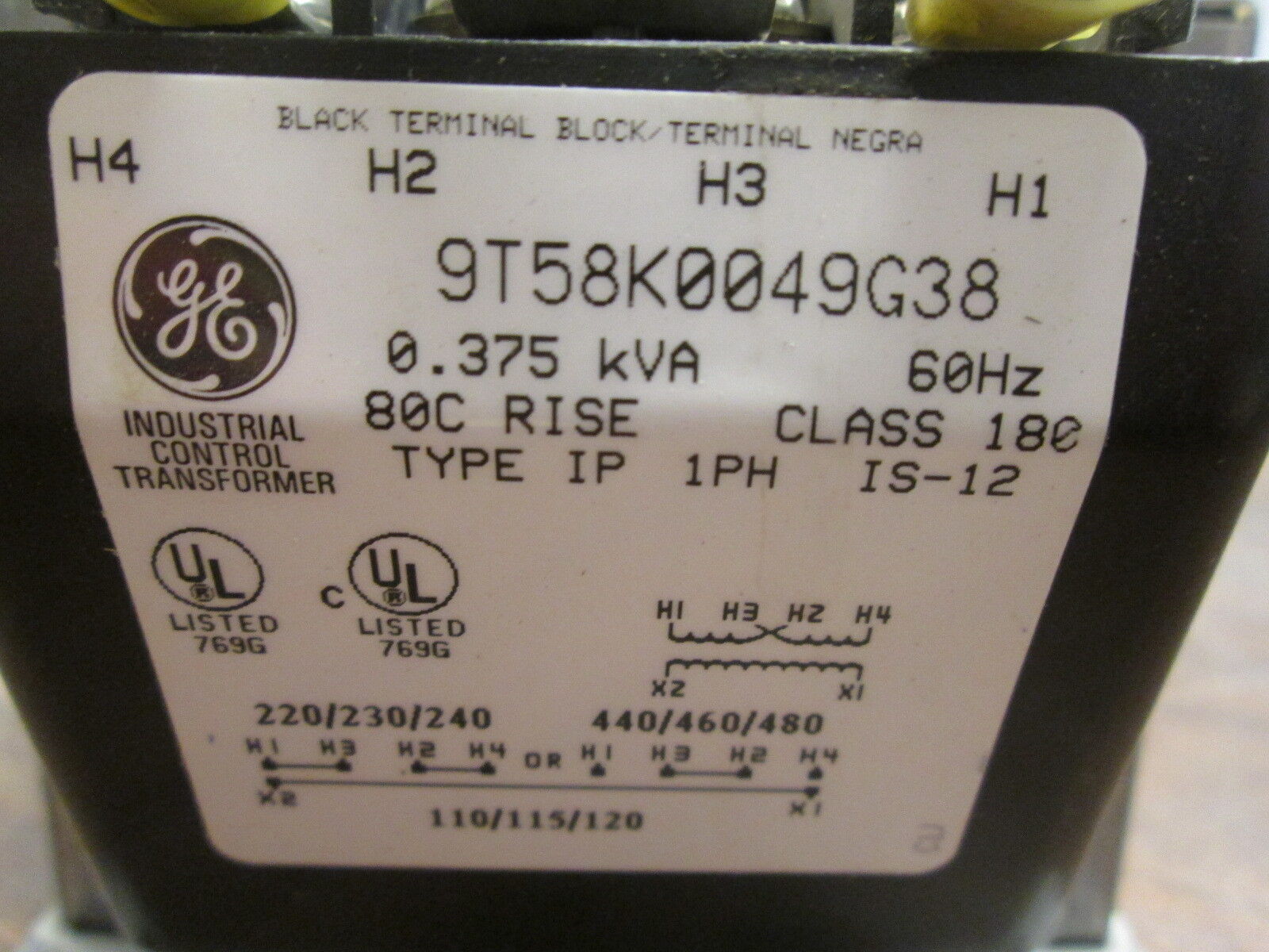 GE Control Transformers 9T58K0049G38 0.375KVA Pri: 240/480V Sec: 120V Used
