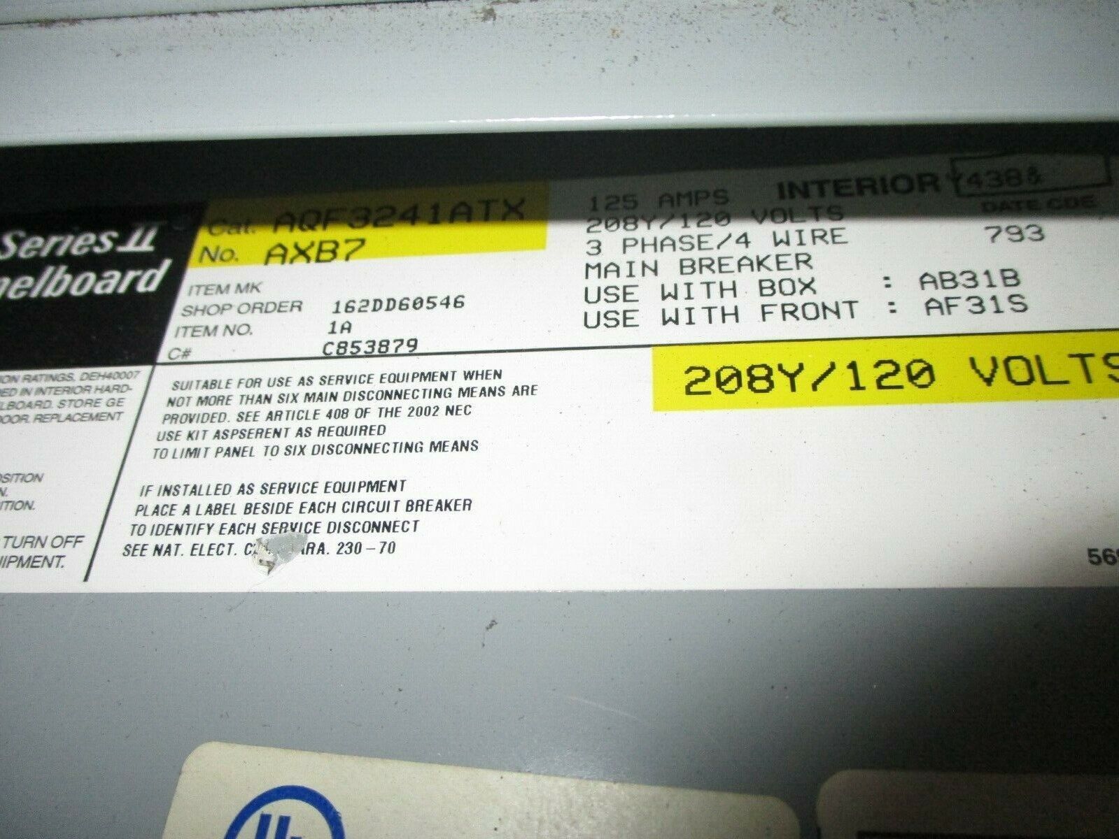 GE Main Breaker Circuit Breaker Panel AQF3241ATX 100A Main 208Y/120V 3Ph 4W Used