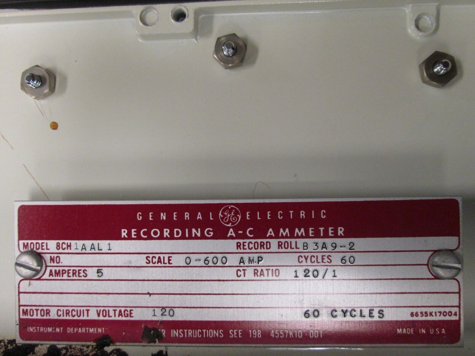 GE Recording AC Ammeter 8CH1AAL1 Scale: 0-600A 60Hz CT Ratio: 120/1 Used