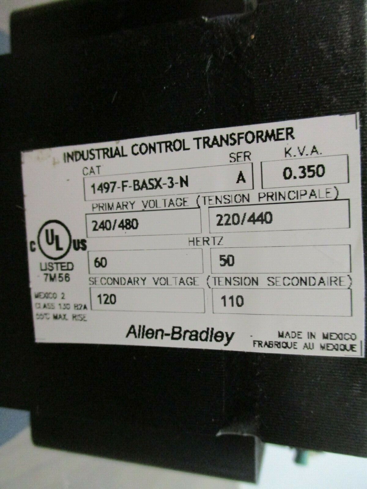 Allen-Bradley Control Transformer 1497-F-BASX-3-N 0.350kVA Pri: 240/480V Used