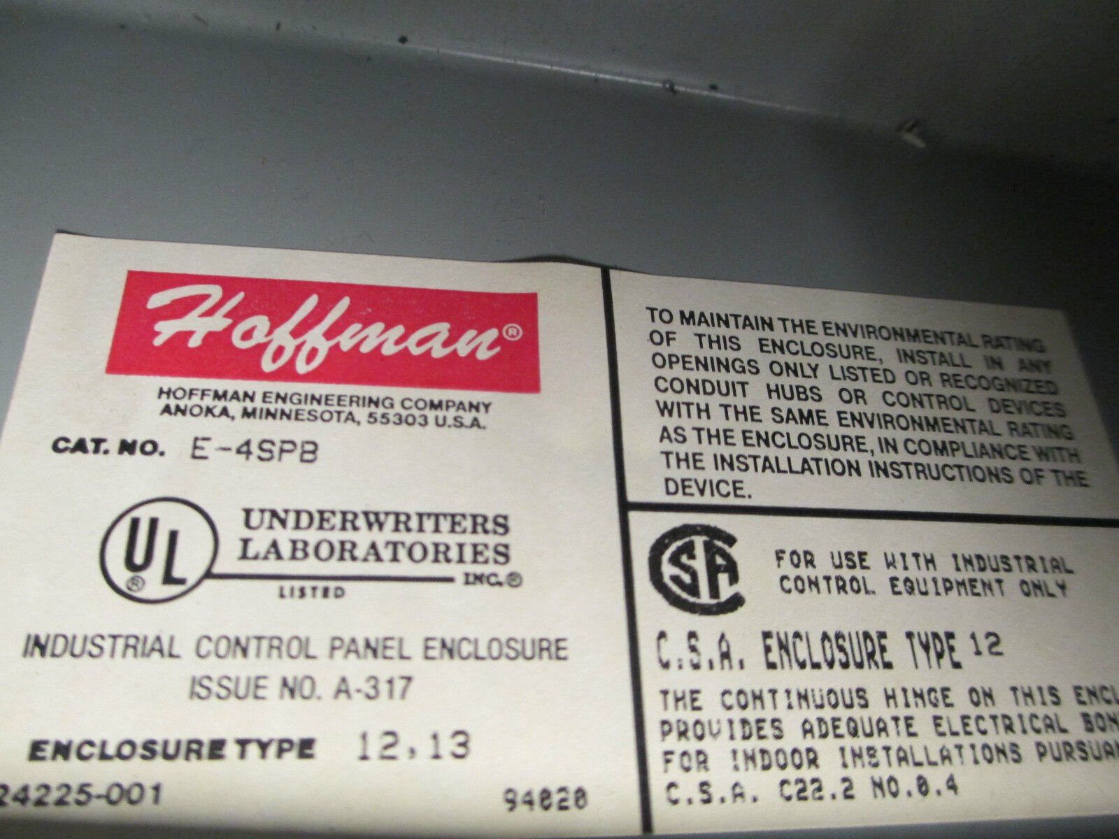 Hoffman Enclosure E-4SPB Used