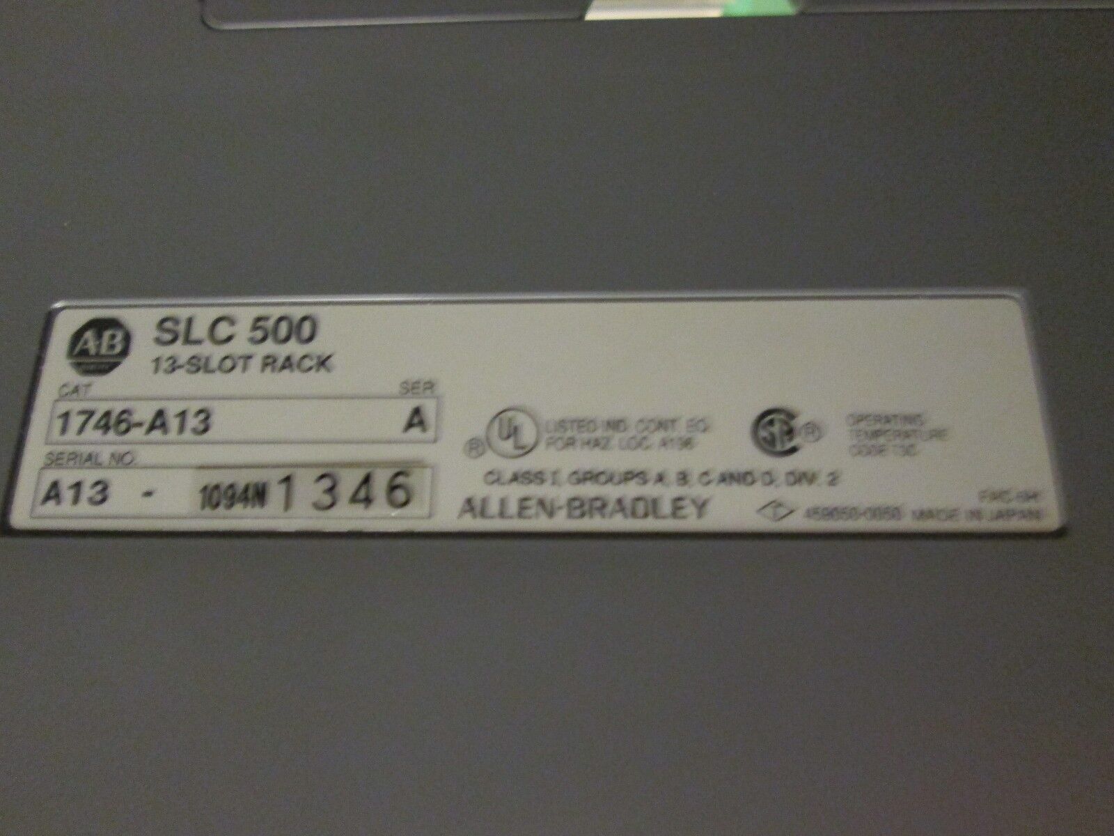 Allen-Bradley SLC500 PLC Rack w/ Power Supply 1746-A13 / 1746-P1 13-Slot Used