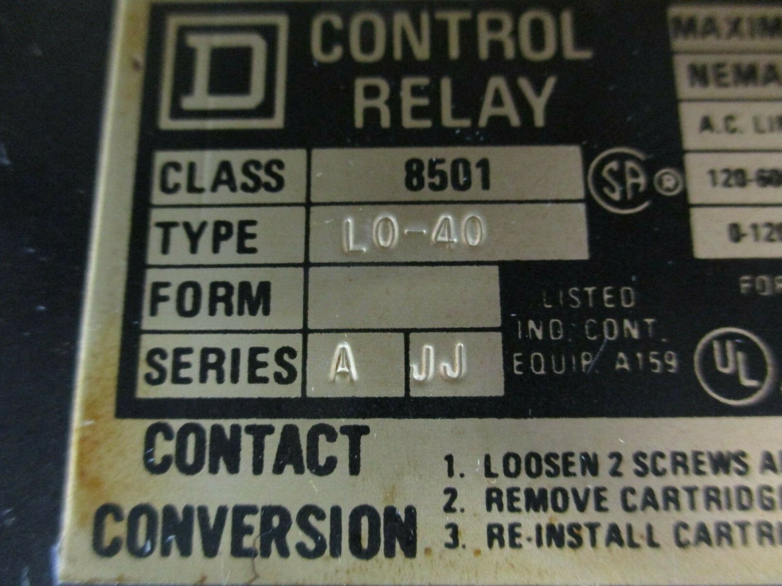 Square D Control Relay 8501 L0-40 A JJ Ser. A 8P 10A 600V Used