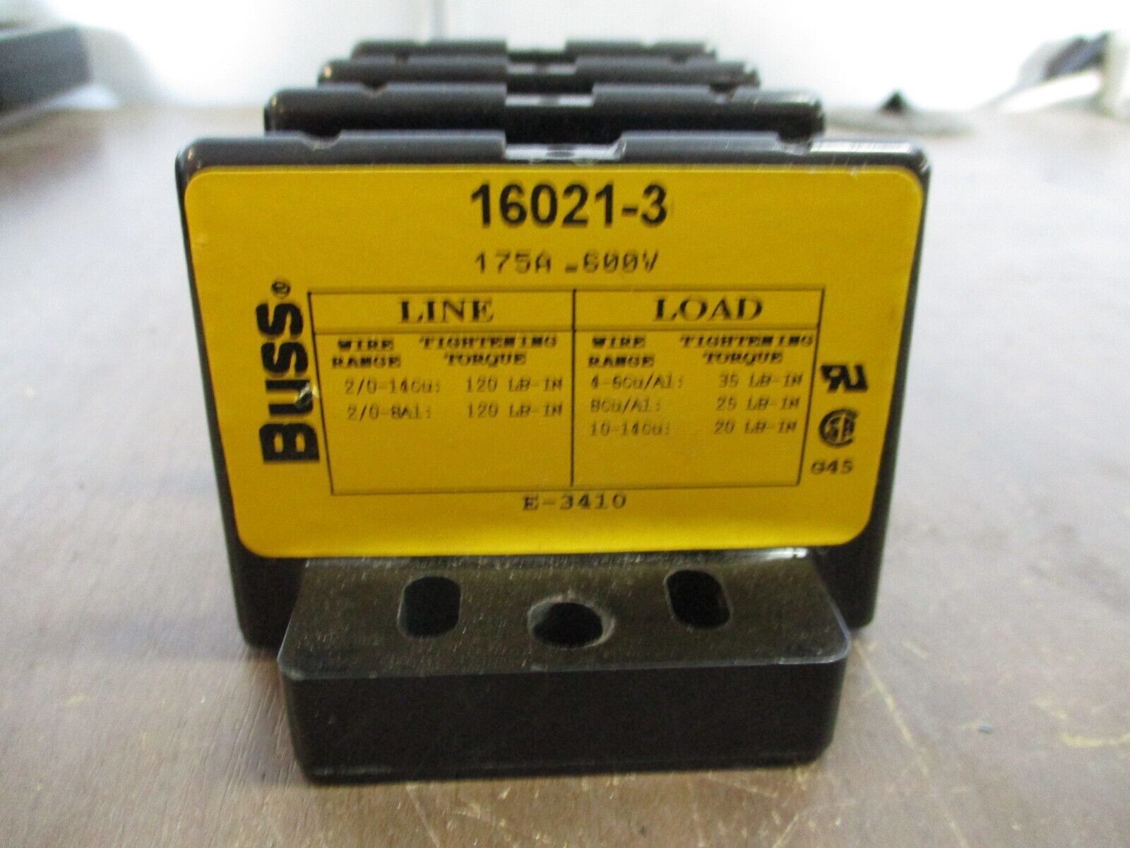 Buss Power Distribution Block 16021-3 175A 600V 3P Line: 2/0-14 Used