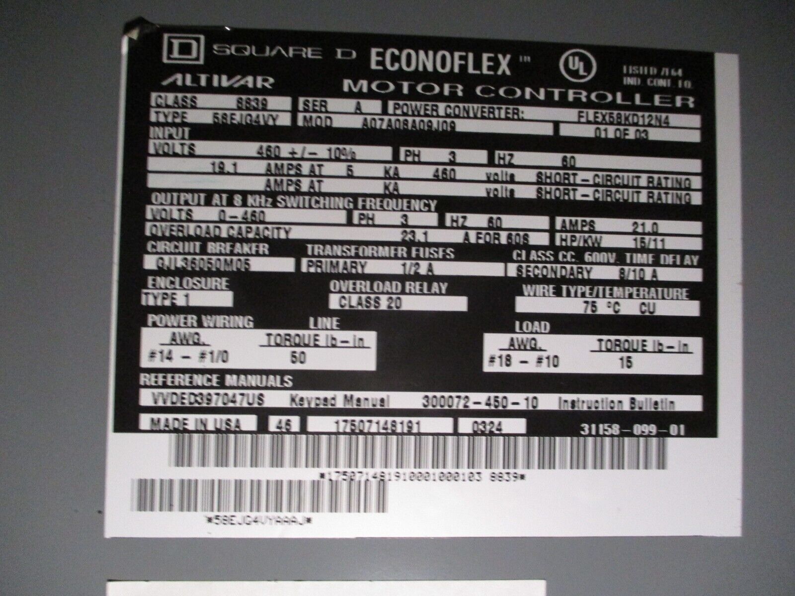 Square D EconoFlex Altivar AC Drive w/ Bypass 8839 58EJG4VY Ser. A 15HP 3Ph Used