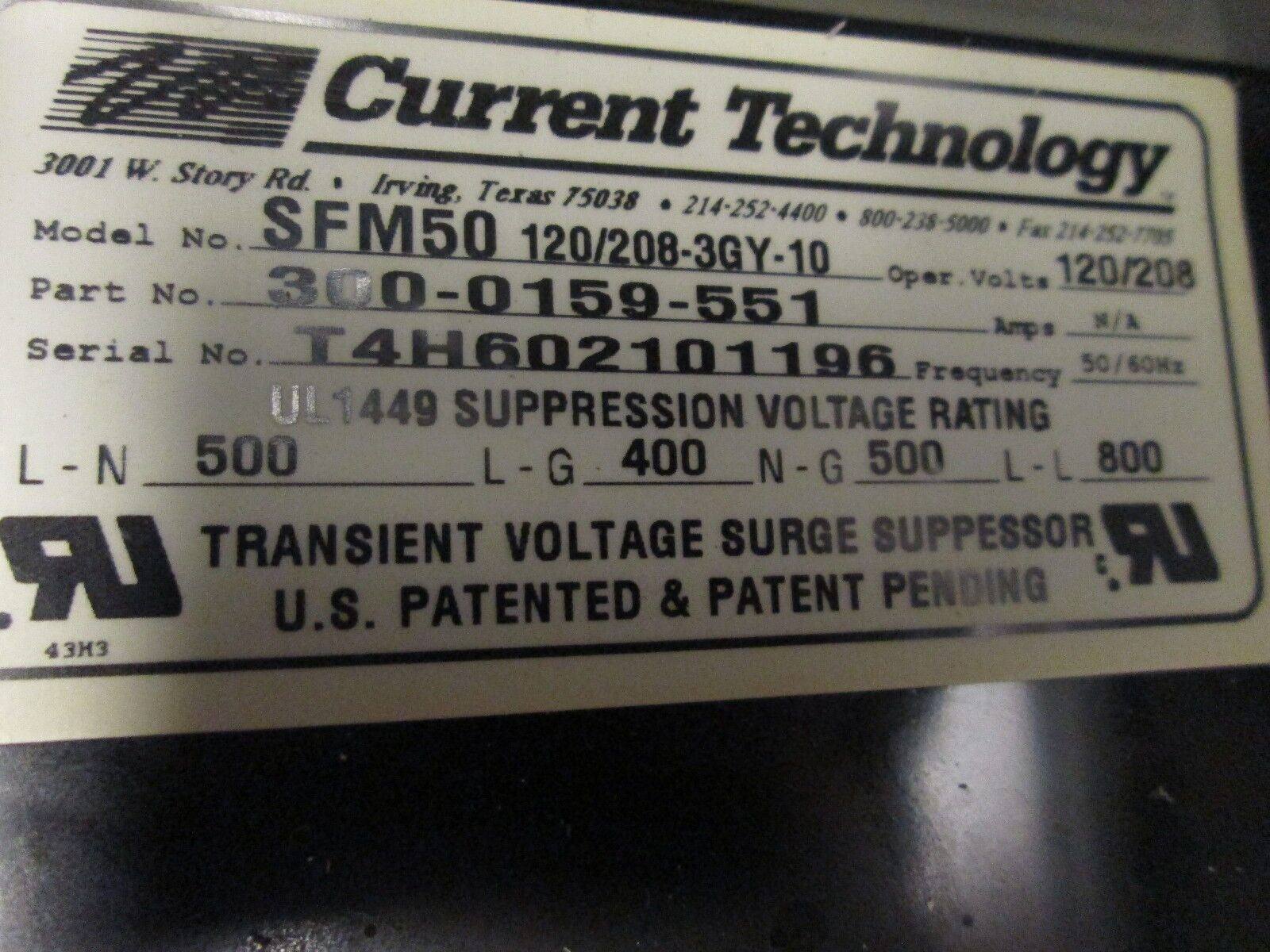 Current Technology SF50 Suppression Filter System 900-0126-551 120/208-3GY-10