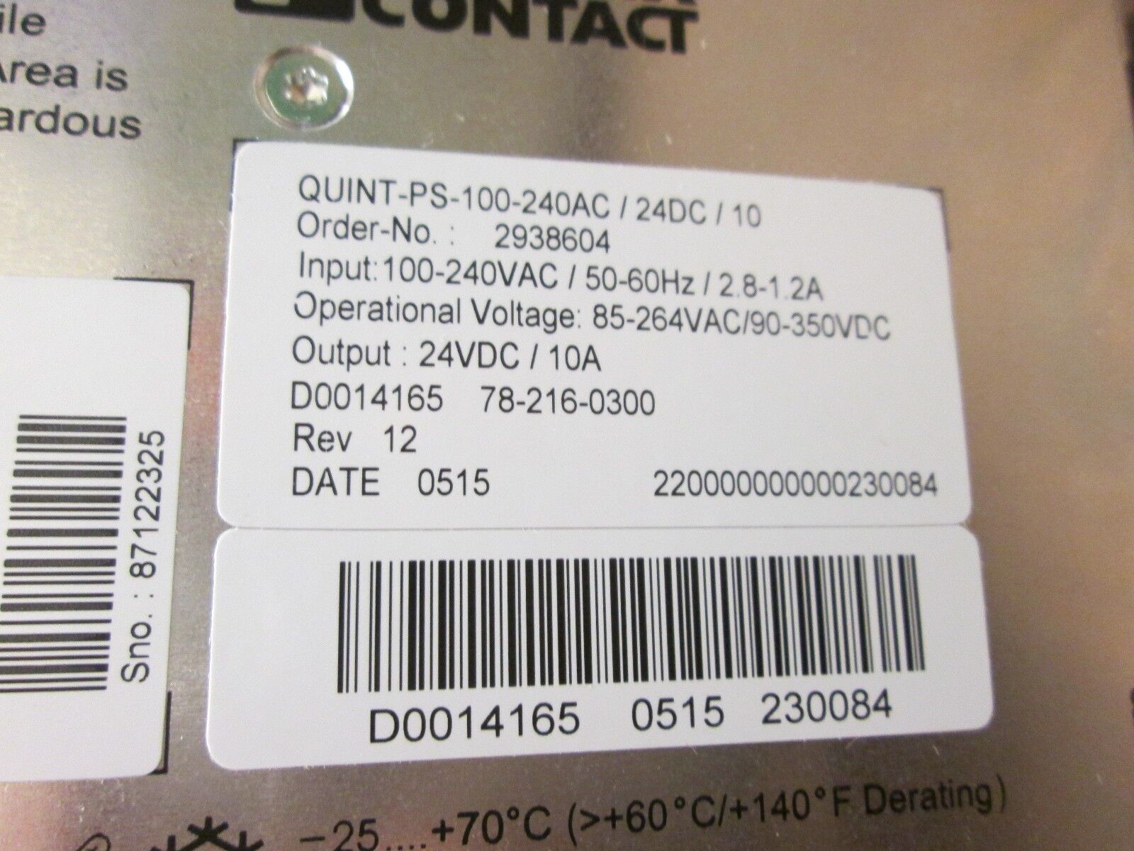 Phoenix Contact Power Supply QUINT-PS-100-240AC / 24DC / 10 Rev. 12 Used