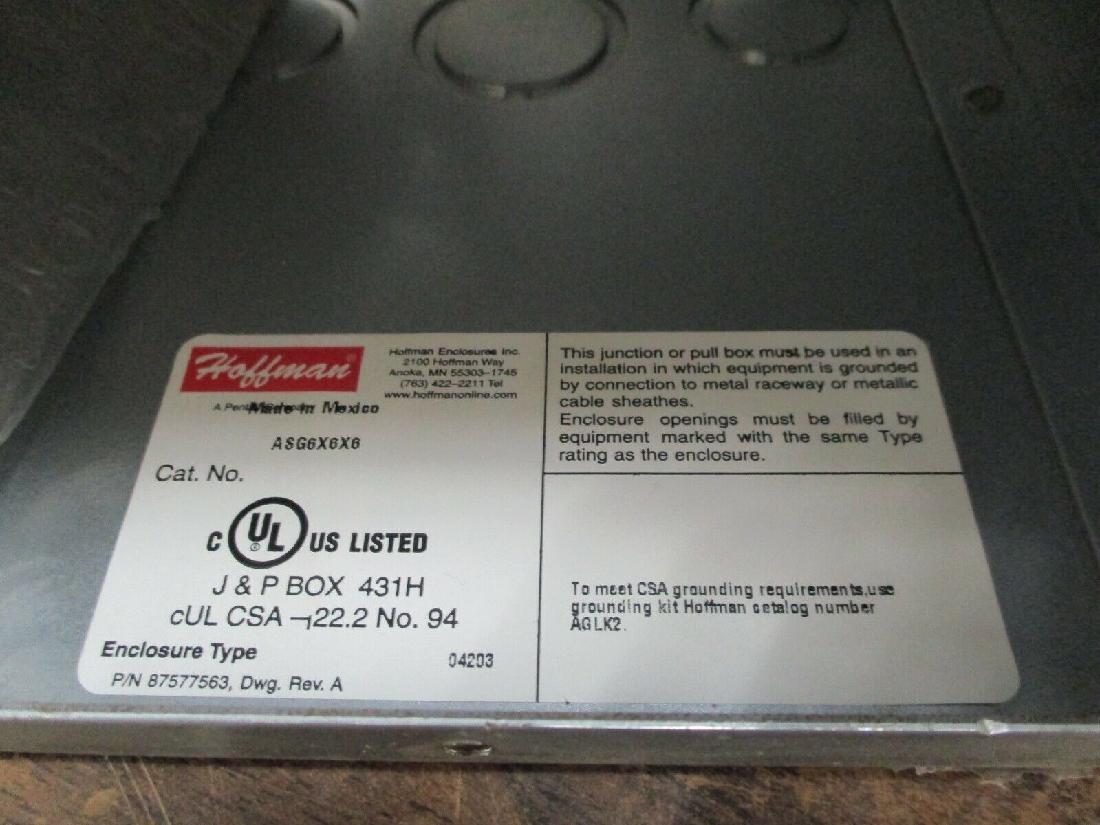 Hoffman SCR CVR Pull Box ASG6X6X6 Size: 6x6x6" New Surplus