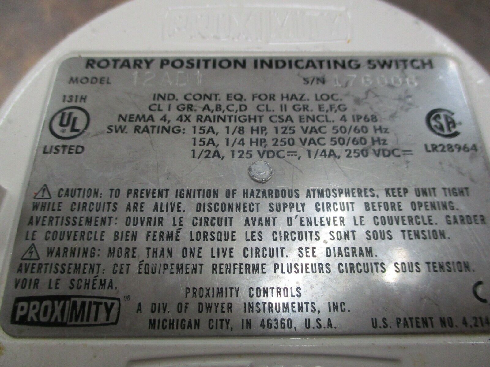 Proximity Controls Rotary Position Indicating Switch 12AD1 125/250V 15A Used