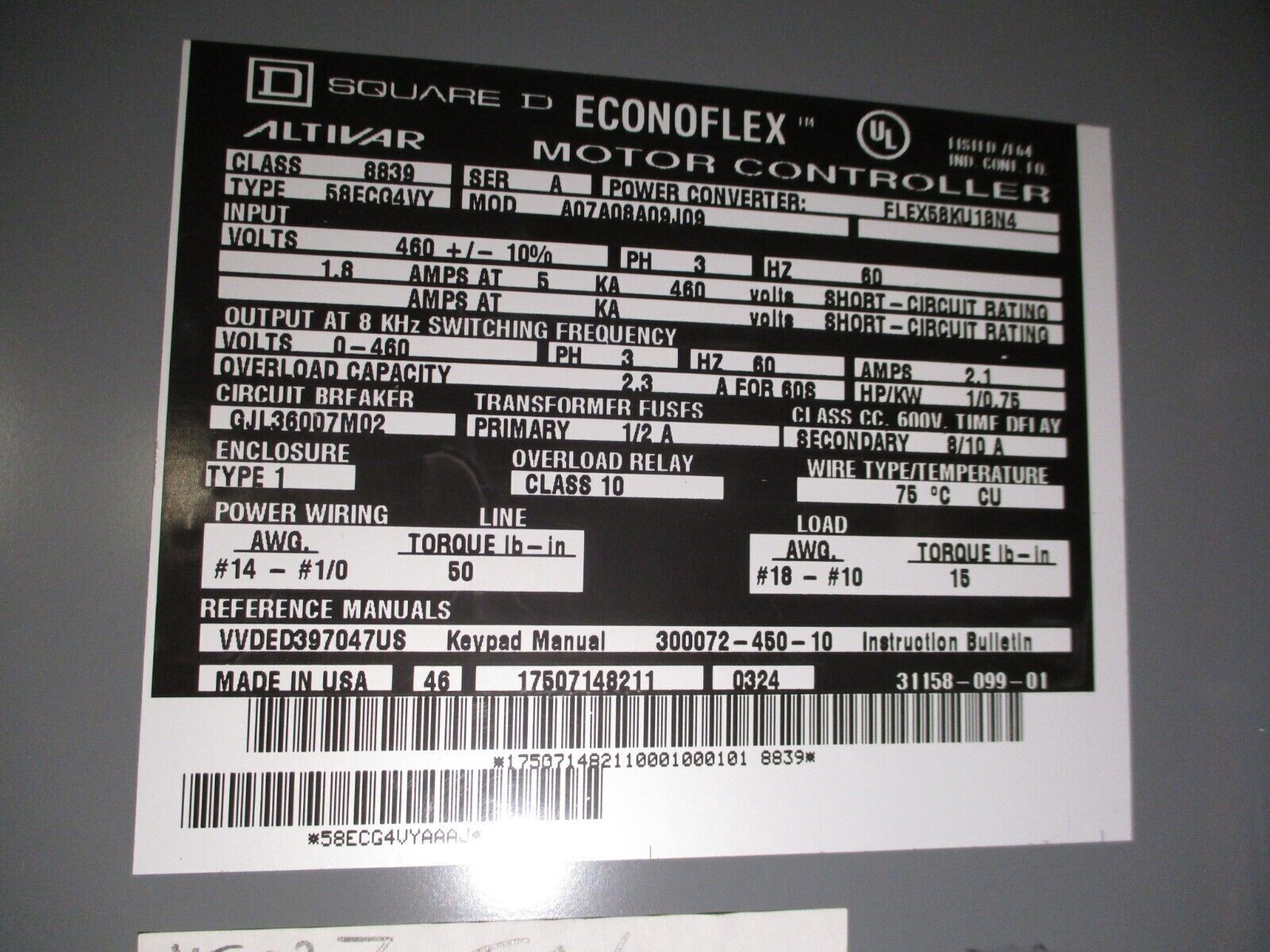 Square D EconoFlex Altivar AC Drive w/ Bypass 8839 58ECG4VY Ser. A 1HP 3Ph Used