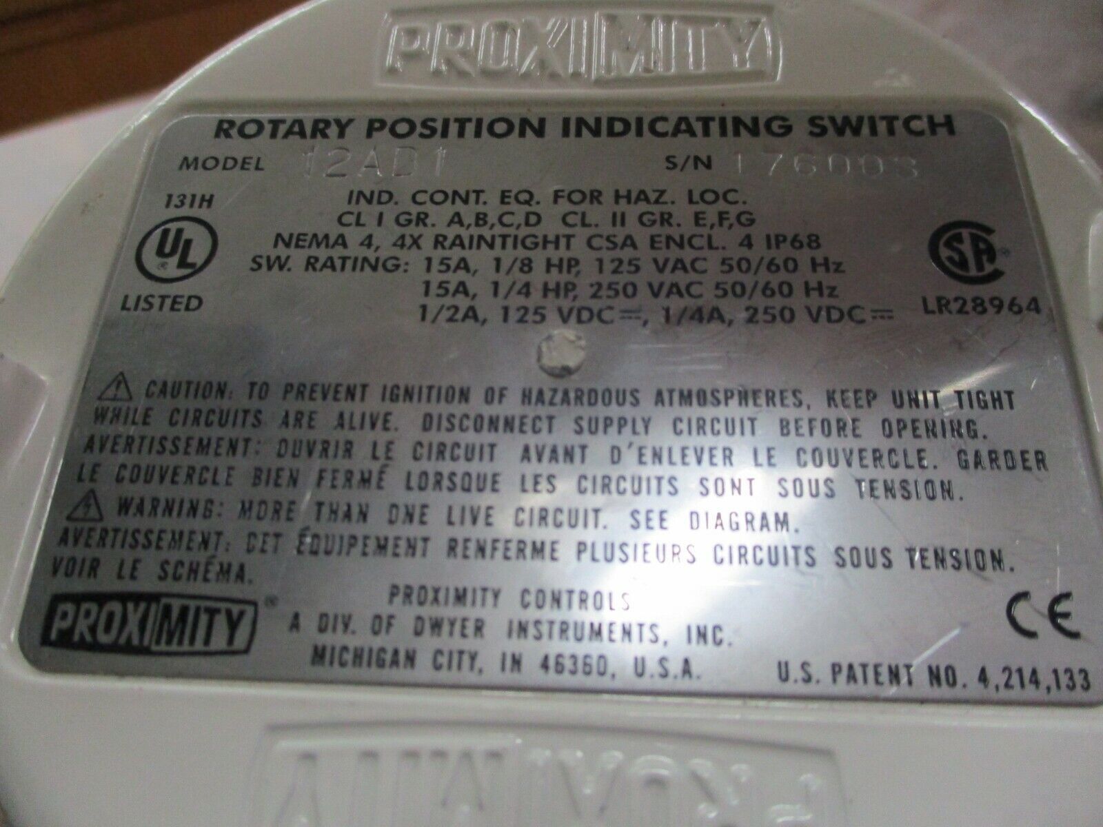 Proximity Controls Rotary Position Indicating Switch 12AD1, 125/250V, 15A, Used