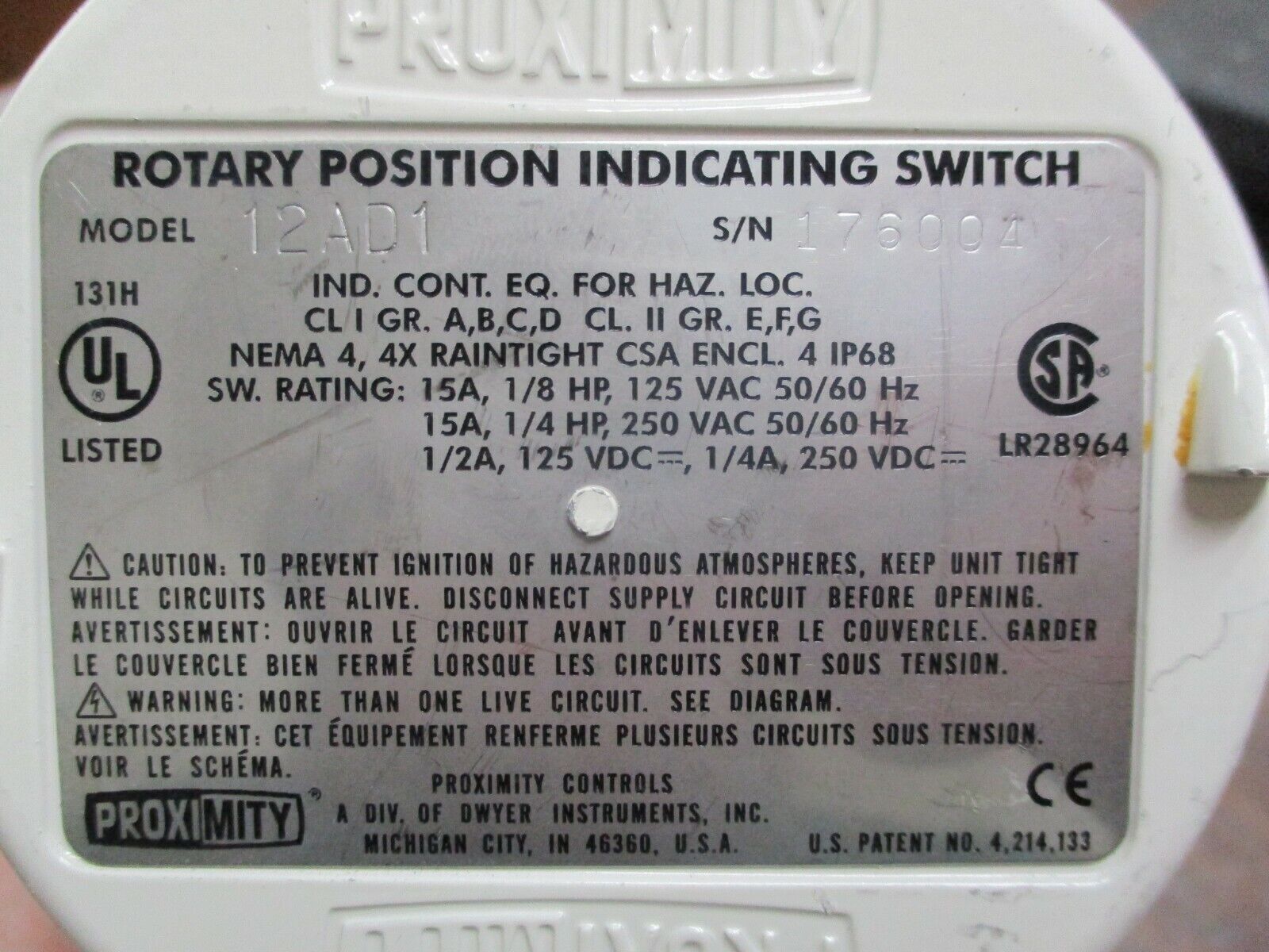 Proximity Controls Rotary Position Indicating Switch w/ SVF Valve 12AD1 15A Used