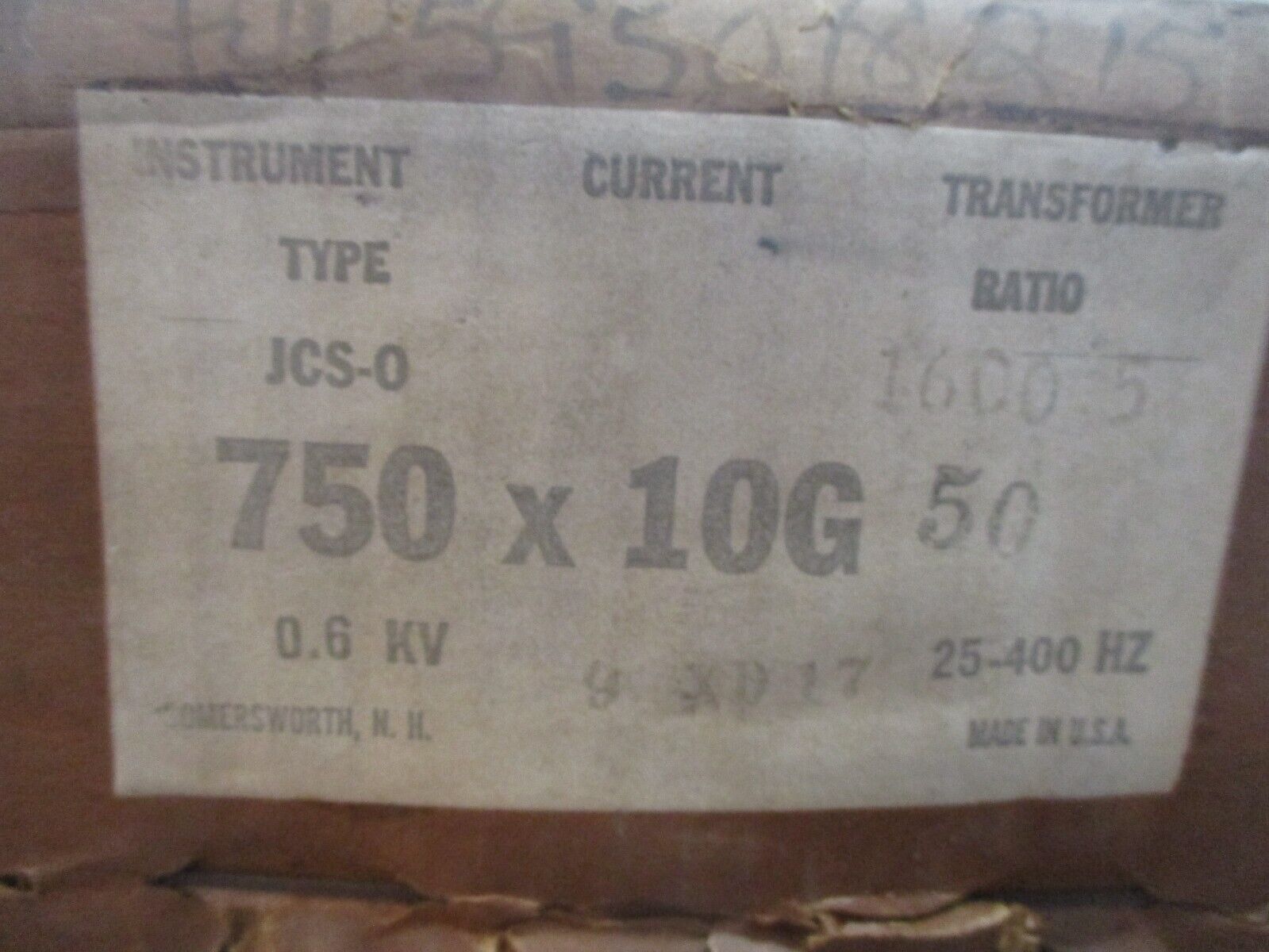 GE JCS-0 Current Transformer 750X10G50 Ratio 1600:5A 600V 25-400Hz New Surplus