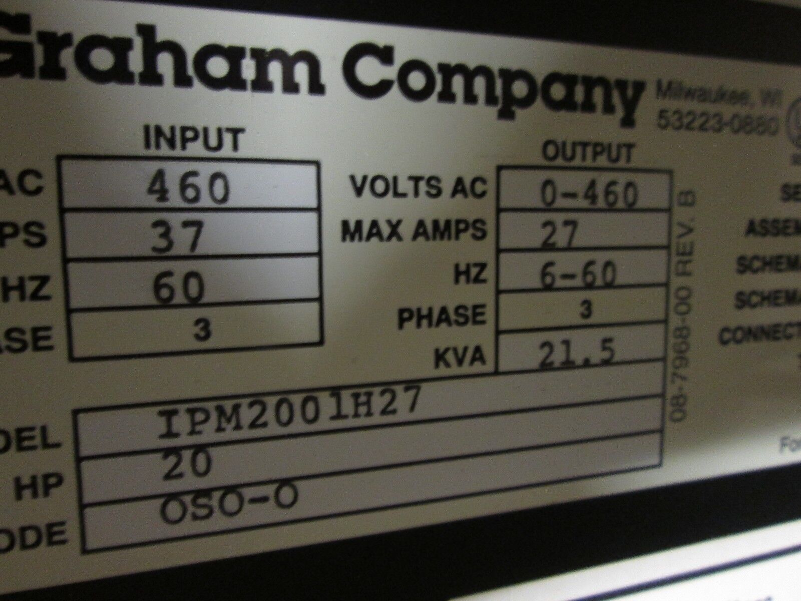 Graham AC Drive w/ Bypass IPM2001H27 20HP 3Ph Used