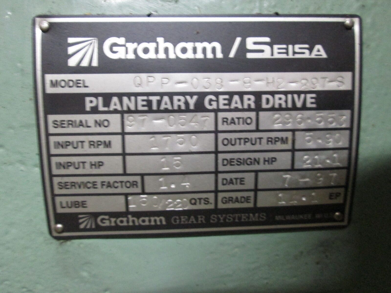 Graham/Seisa Planetary Gear Drive QPP-038-B-H2-297-S 1750RPM In 5.9RPM Out