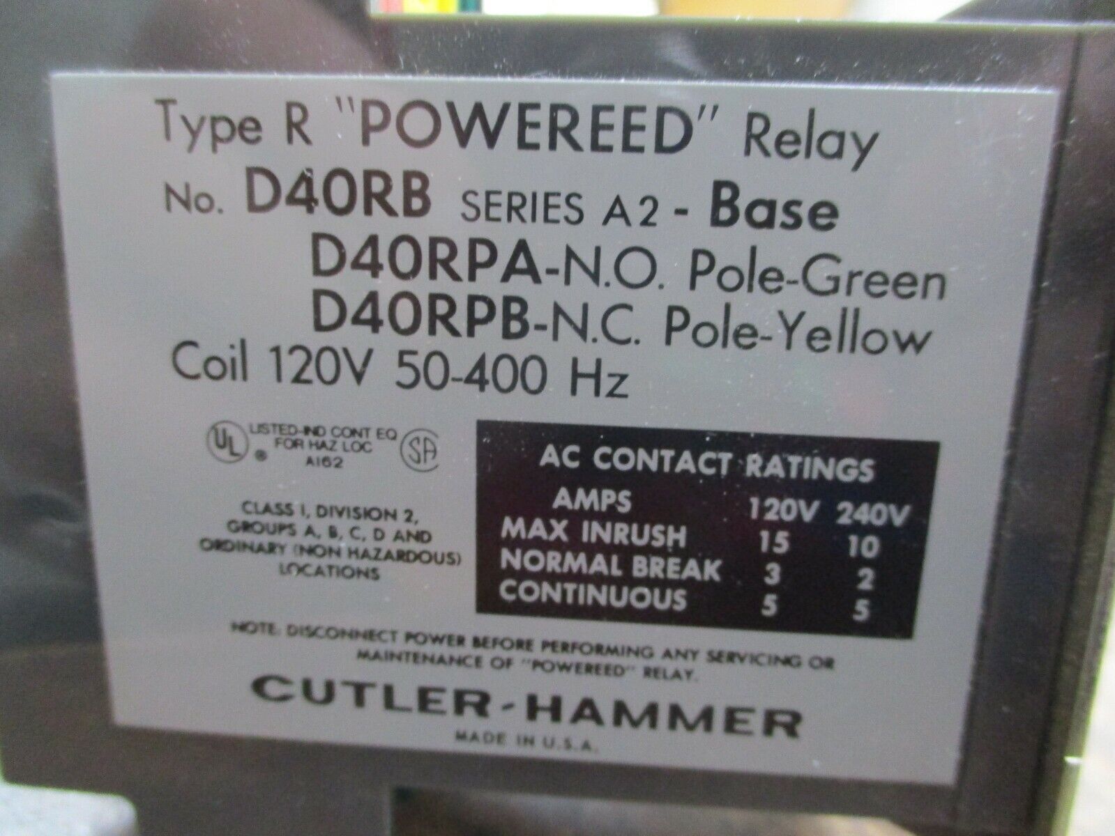 Cutler-Hammer Type R "Powereed" Relay D40RB 120V Coil Used