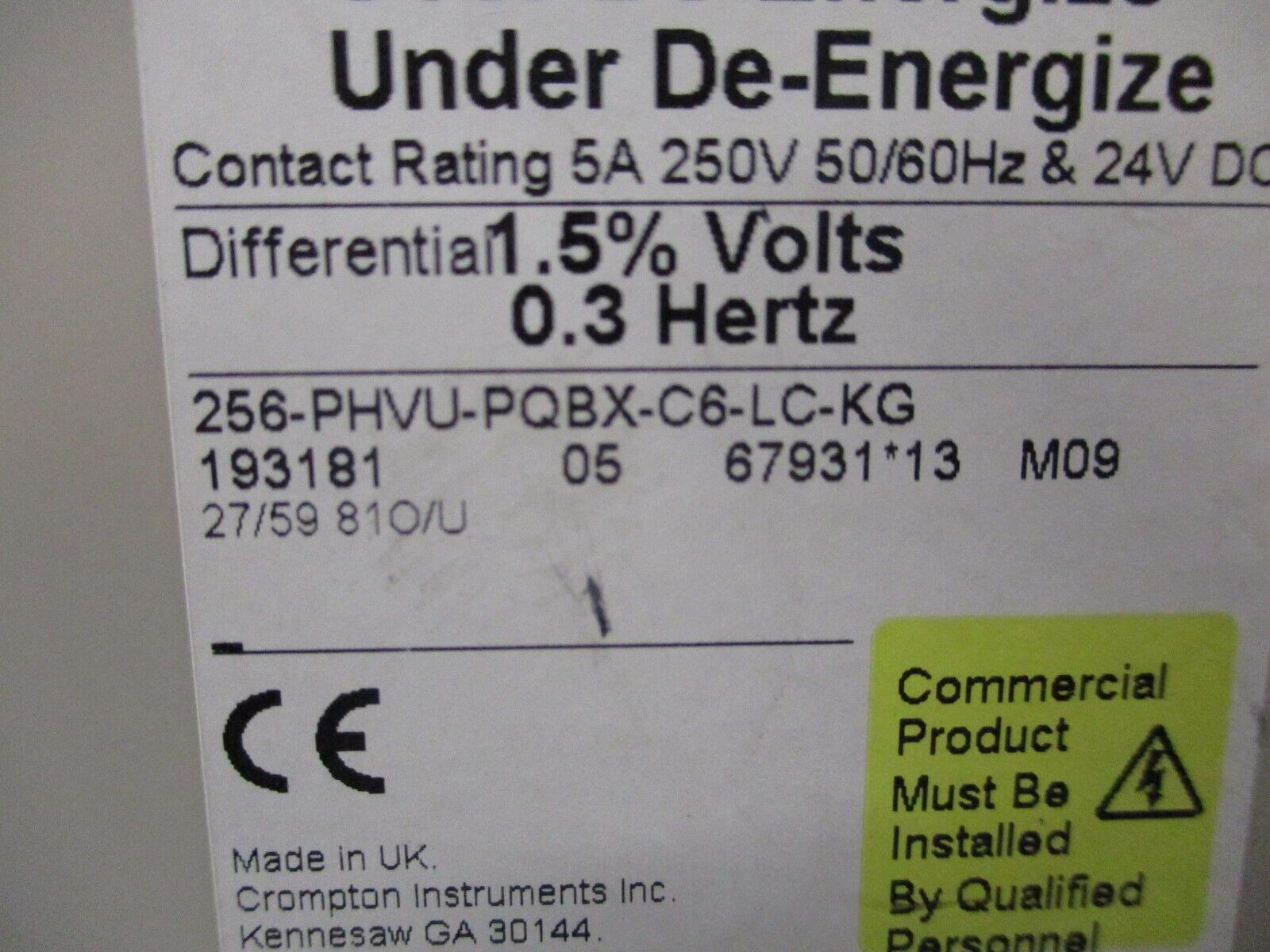 Crompton Protector Relay 256-PHVU-PQBX-C6-LC-KG 120V 60Hz Used