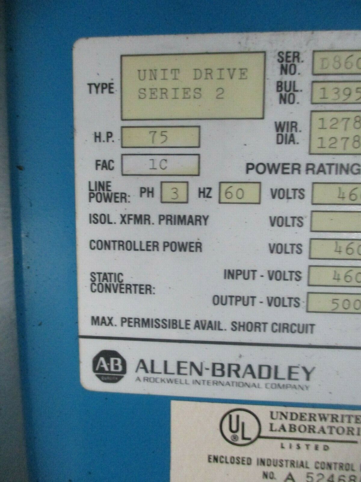 Allen-Bradley Series 2 DC Unit Drive 1395-AR-1B-A140-FE1-CF1-LD-AD-SA 75HP Used