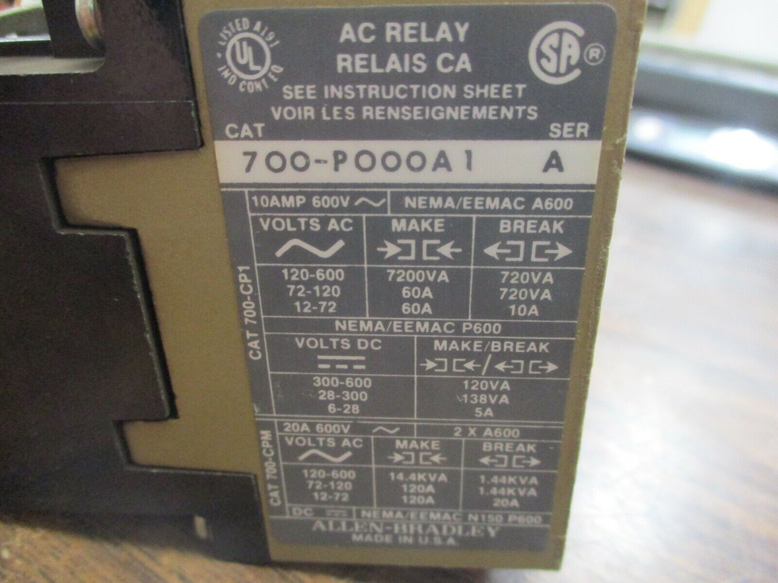 Allen-Bradley Relay 700-P000A1 115-120V Coil Used